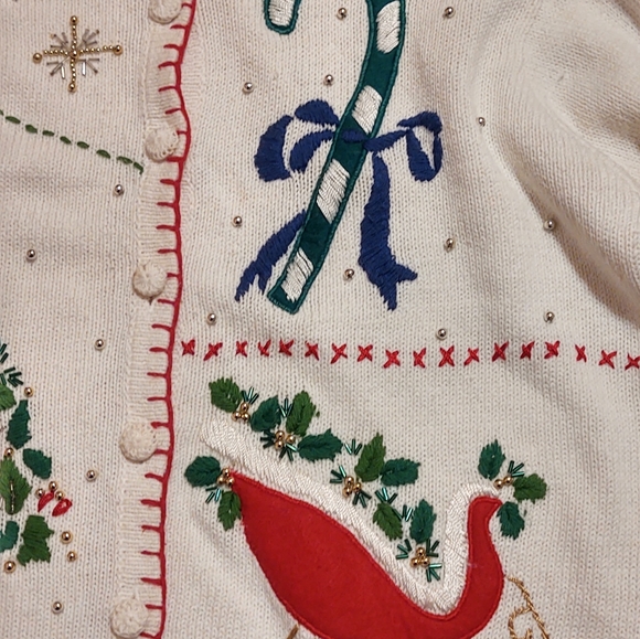 Ship N Shore Large Christmas Cardigan Sweater White Red Green Buttons Beaded - Picture 3 of 9